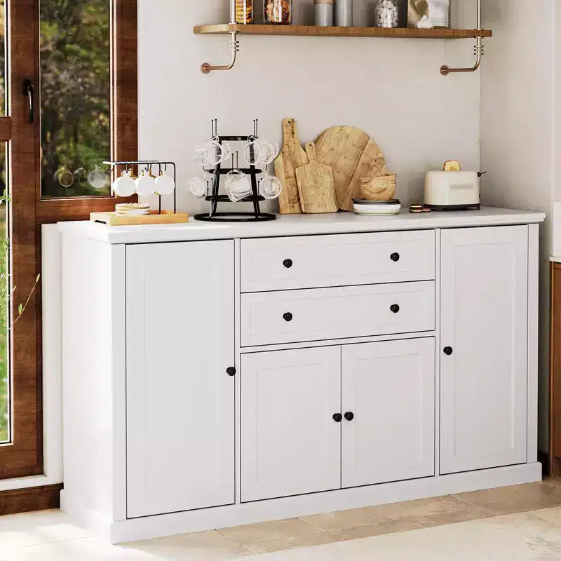 Madia Credenza da 58" con Ante e Cassetti, Mobile Dispensa da Cucina in Legno Stile Fattoria con 4 Ante e 2 Cassetti, Mobile Contenitore per Bar Caffè