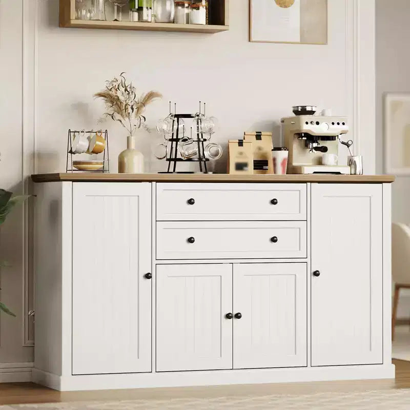 Madia Credenza da 58" con Ante e Cassetti, Mobile Dispensa da Cucina in Legno Stile Fattoria con 4 Ante e 2 Cassetti, Mobile Contenitore per Bar Caffè