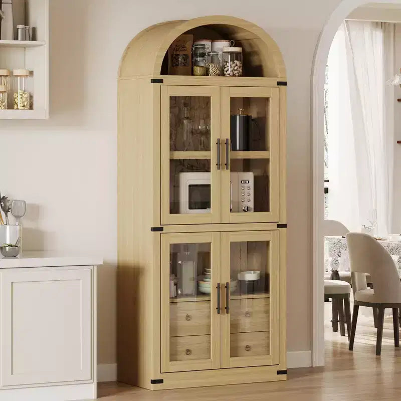 Libreria a colonna ad arco da 181 cm con 4 ante e 2 cassetti, Vetrinetta con ripiani, Scaffale in legno