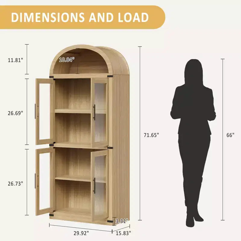 Libreria a colonna ad arco da 181 cm con 4 ante e 2 cassetti, Vetrinetta con ripiani, Scaffale in legno