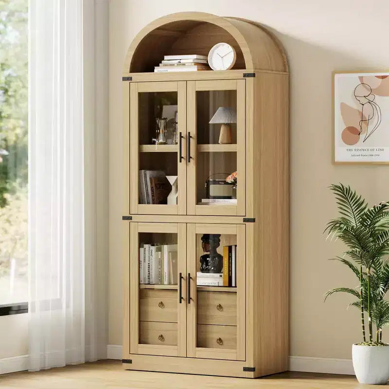 Libreria a colonna ad arco da 181 cm con 4 ante e 2 cassetti, Vetrinetta con ripiani, Scaffale in legno