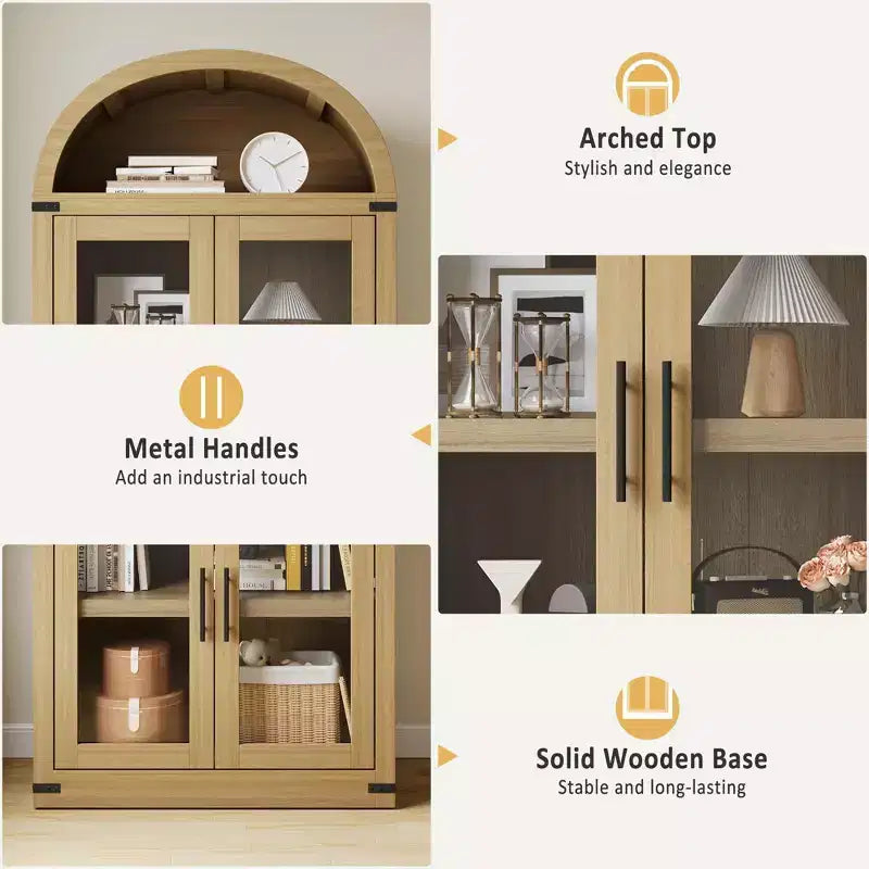 Libreria a colonna ad arco da 181 cm con 4 ante e 2 cassetti, Vetrinetta con ripiani, Scaffale in legno