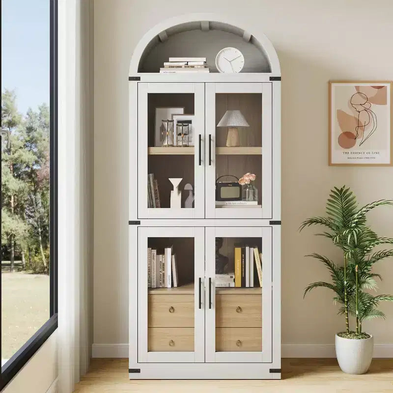 Libreria a colonna ad arco da 181 cm con 4 ante e 2 cassetti, Vetrinetta con ripiani, Scaffale in legno