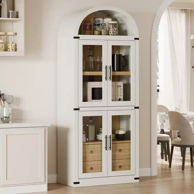 Libreria a colonna ad arco da 181 cm con 4 ante e 2 cassetti, Vetrinetta con ripiani, Scaffale in legno