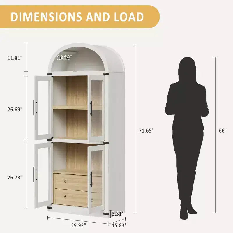 Libreria a colonna ad arco da 181 cm con 4 ante e 2 cassetti, Vetrinetta con ripiani, Scaffale in legno