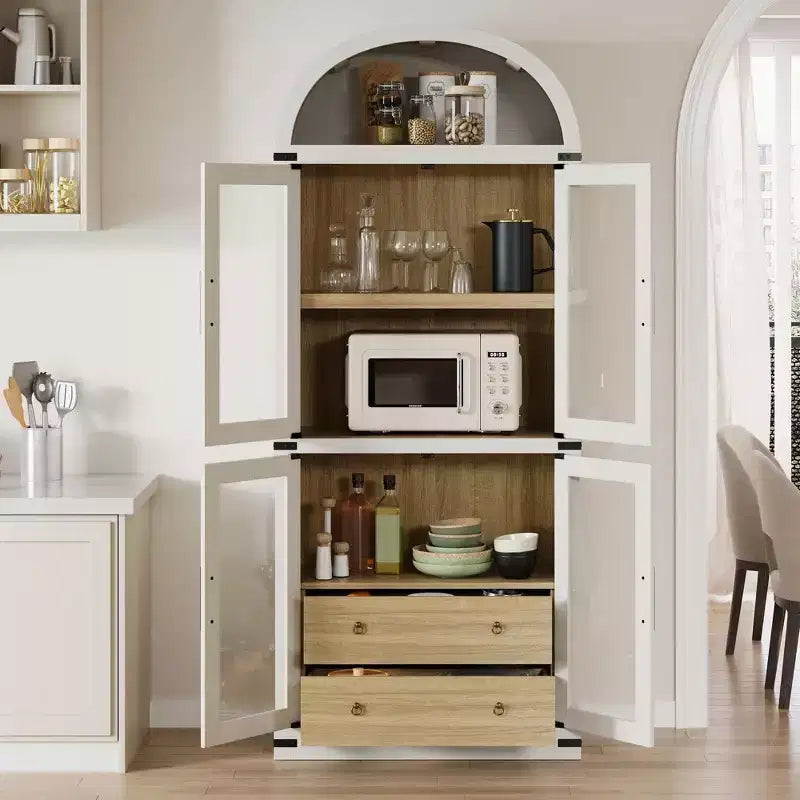 Libreria a colonna ad arco da 181 cm con 4 ante e 2 cassetti, Vetrinetta con ripiani, Scaffale in legno