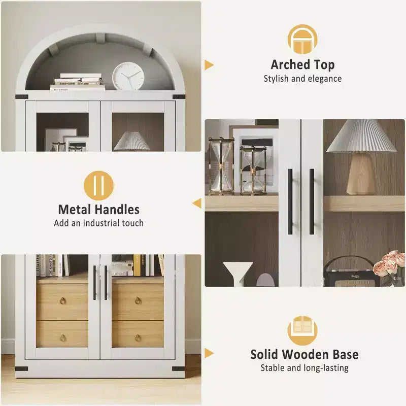 Libreria a colonna ad arco da 181 cm con 4 ante e 2 cassetti, Vetrinetta con ripiani, Scaffale in legno