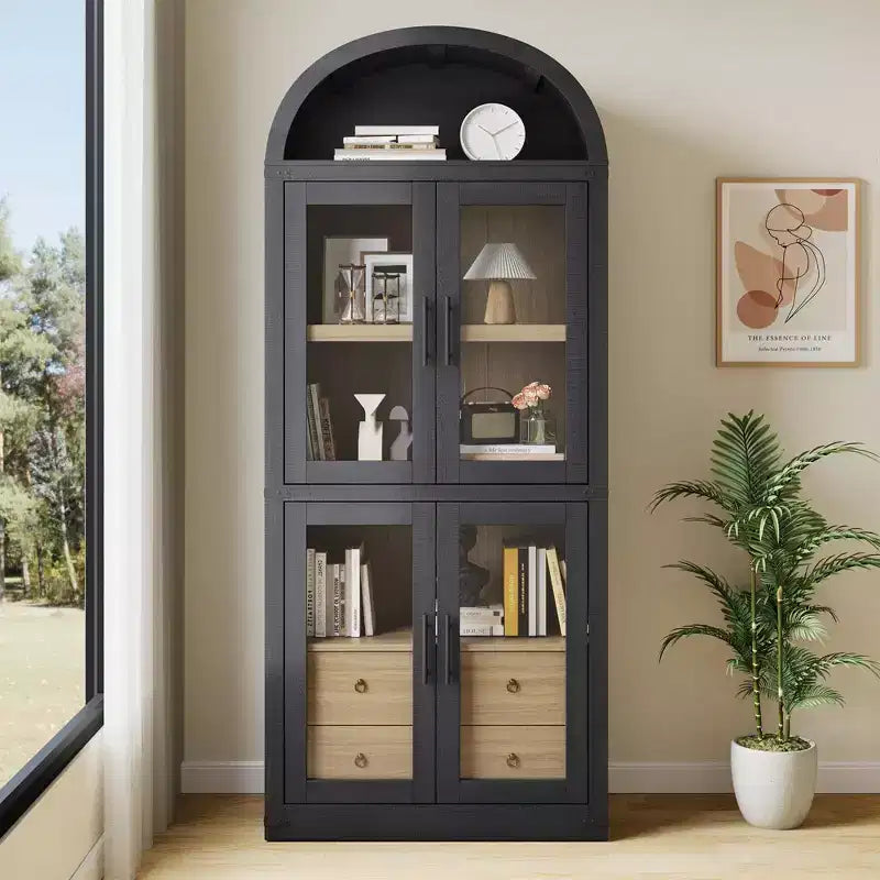 Libreria a colonna ad arco da 181 cm con 4 ante e 2 cassetti, Vetrinetta con ripiani, Scaffale in legno