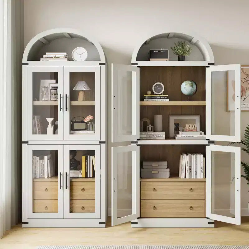 Libreria a colonna ad arco da 181 cm con 4 ante e 2 cassetti, Vetrinetta con ripiani, Scaffale in legno