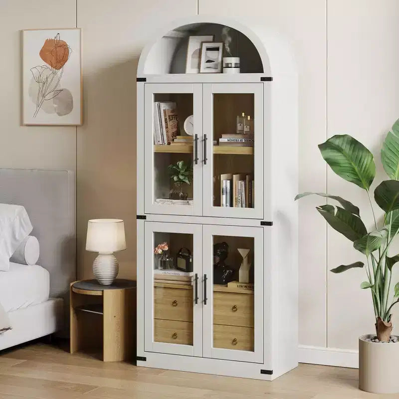 Libreria a colonna ad arco da 181 cm con 4 ante e 2 cassetti, Vetrinetta con ripiani, Scaffale in legno