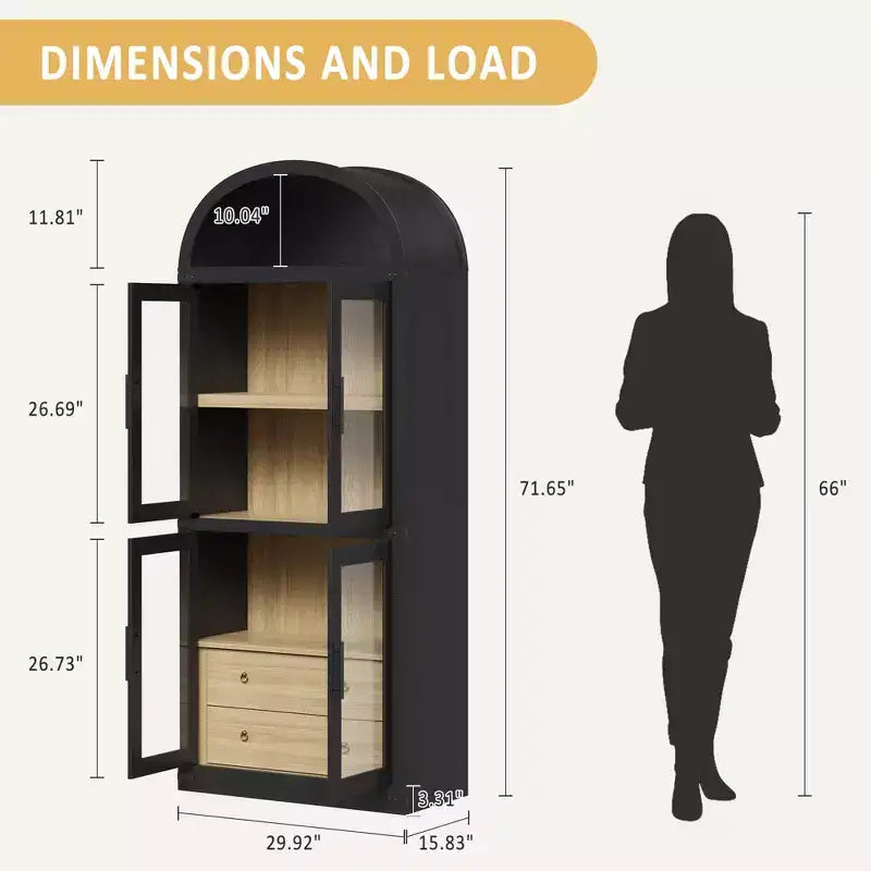 Libreria a colonna ad arco da 181 cm con 4 ante e 2 cassetti, Vetrinetta con ripiani, Scaffale in legno