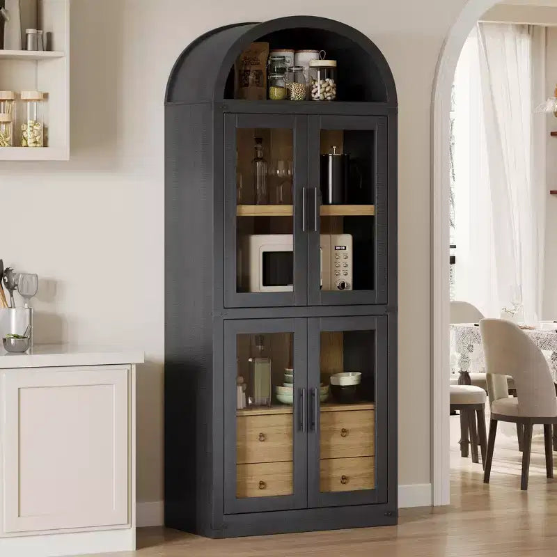 Libreria a colonna ad arco da 181 cm con 4 ante e 2 cassetti, Vetrinetta con ripiani, Scaffale in legno