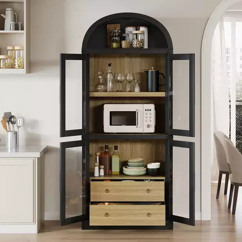 Libreria a colonna ad arco da 181 cm con 4 ante e 2 cassetti, Vetrinetta con ripiani, Scaffale in legno