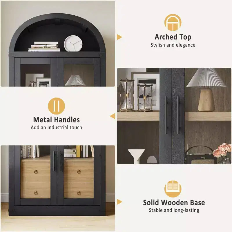 Libreria a colonna ad arco da 181 cm con 4 ante e 2 cassetti, Vetrinetta con ripiani, Scaffale in legno