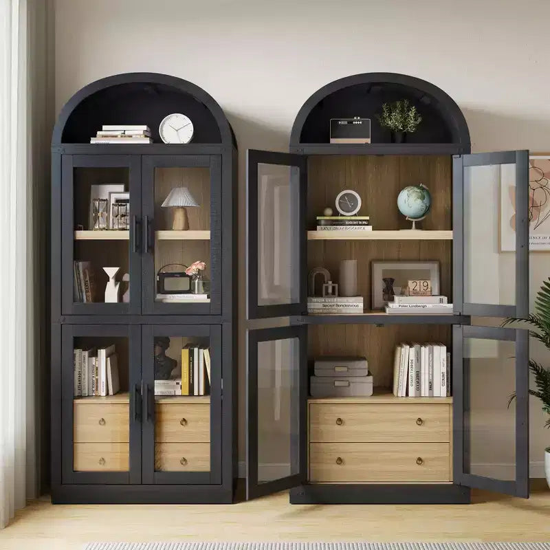 Libreria a colonna ad arco da 181 cm con 4 ante e 2 cassetti, Vetrinetta con ripiani, Scaffale in legno