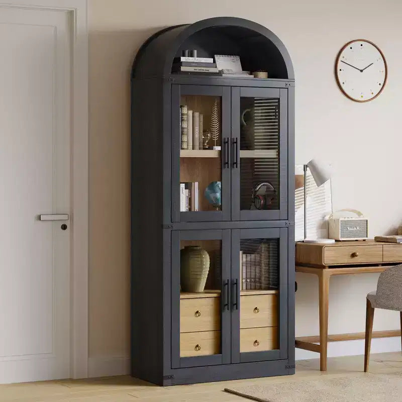 Libreria a colonna ad arco da 181 cm con 4 ante e 2 cassetti, Vetrinetta con ripiani, Scaffale in legno