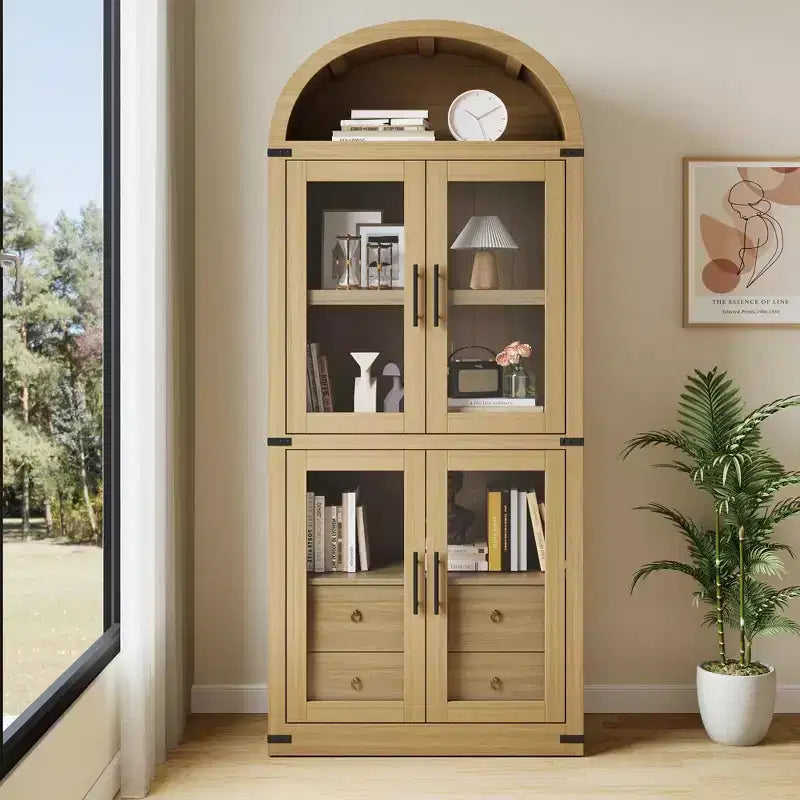 Libreria a colonna ad arco da 181 cm con 4 ante e 2 cassetti, Vetrinetta con ripiani, Scaffale in legno
