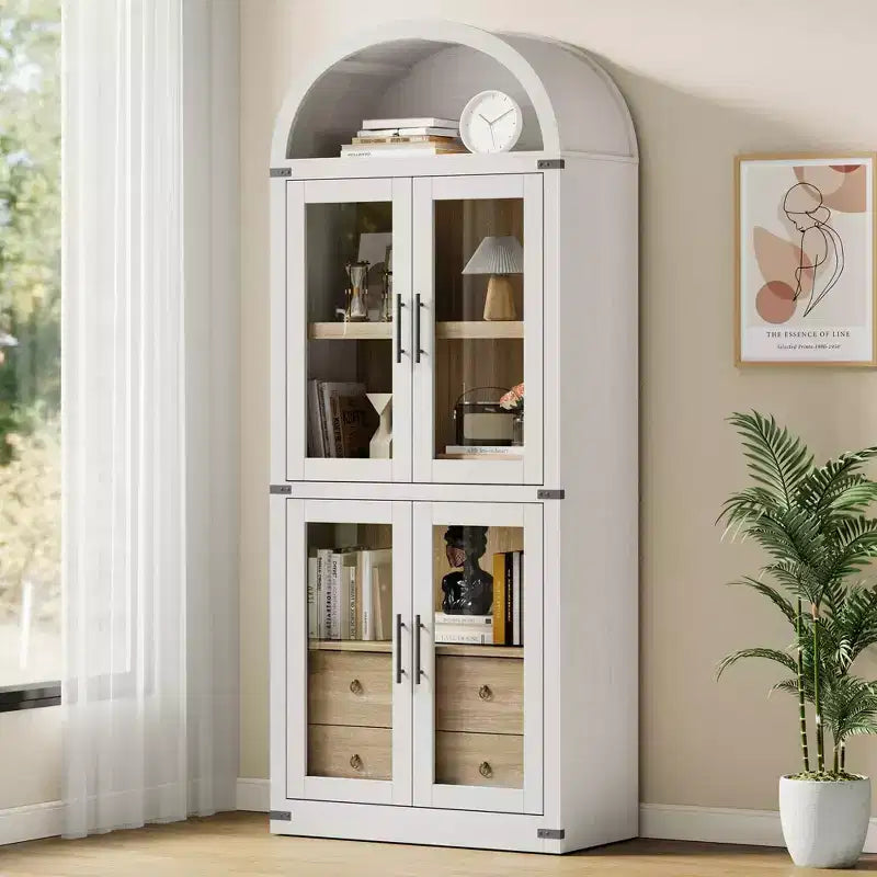 Libreria a colonna ad arco da 181 cm con 4 ante e 2 cassetti, Vetrinetta con ripiani, Scaffale in legno