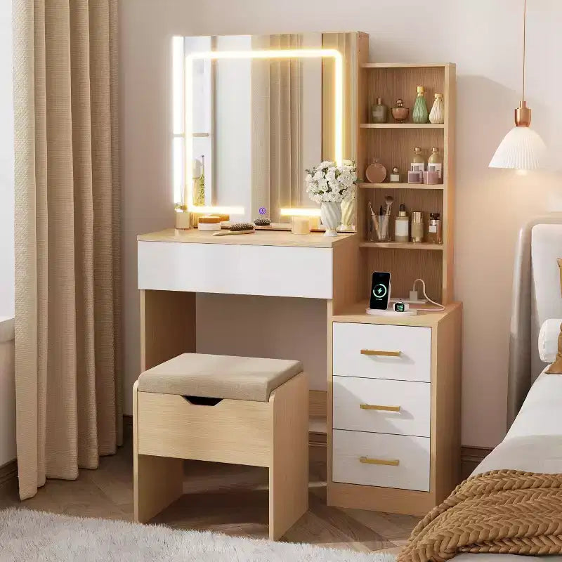 Moderna toeletta con specchio scorrevole e luci a LED, 4 cassetti, 7 ripiani, stazione di ricarica e sgabello, tavolo da trucco per camera da letto