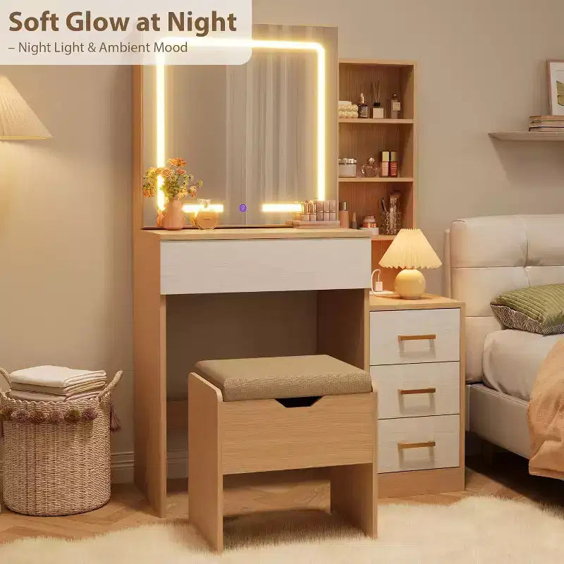 Moderna toeletta con specchio scorrevole e luci a LED, 4 cassetti, 7 ripiani, stazione di ricarica e sgabello, tavolo da trucco per camera da letto