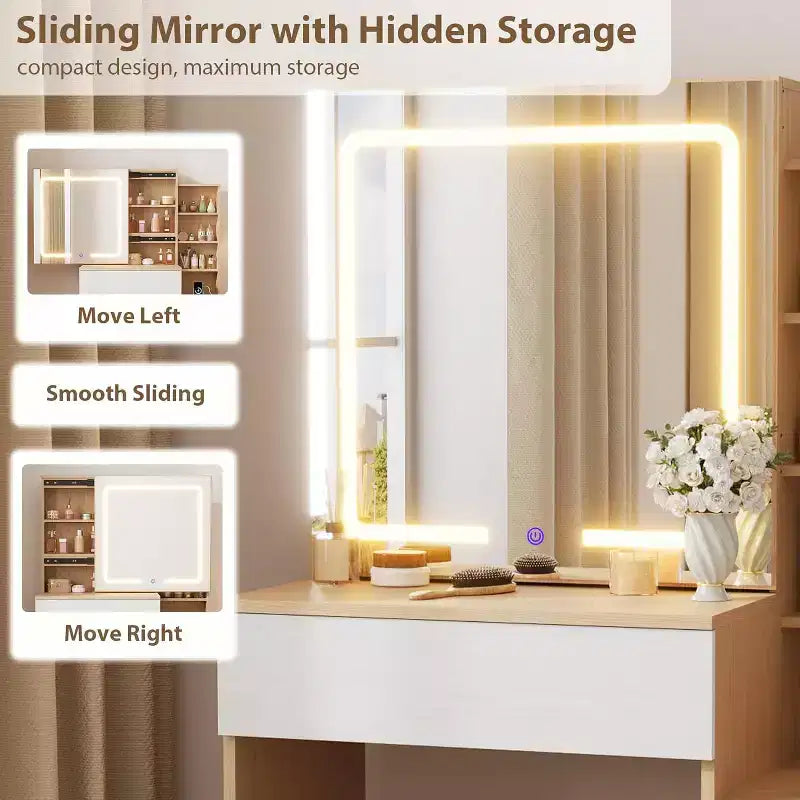 Moderna toeletta con specchio scorrevole e luci a LED, 4 cassetti, 7 ripiani, stazione di ricarica e sgabello, tavolo da trucco per camera da letto