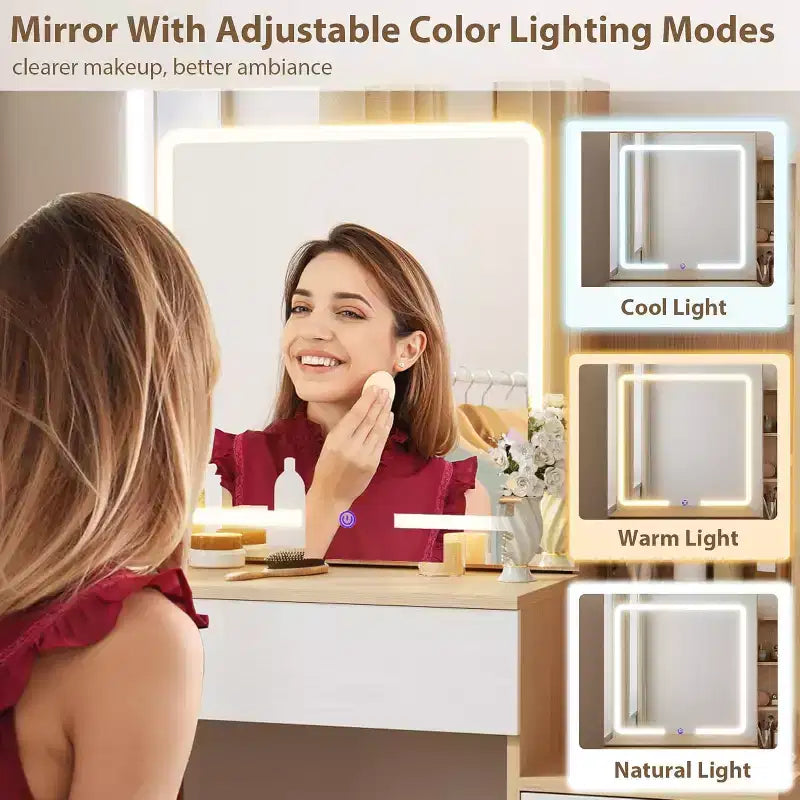 Moderna toeletta con specchio scorrevole e luci a LED, 4 cassetti, 7 ripiani, stazione di ricarica e sgabello, tavolo da trucco per camera da letto