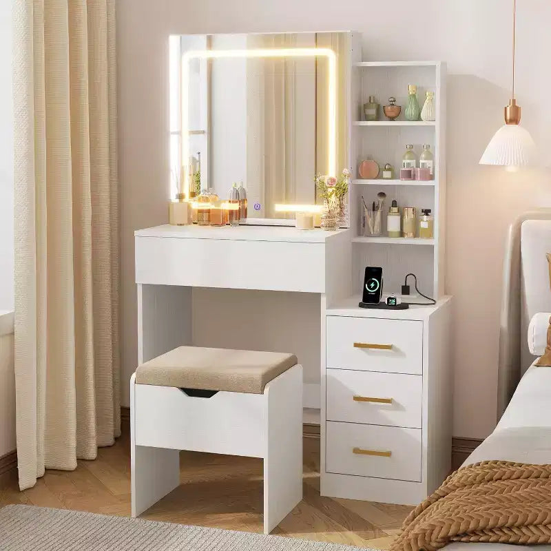 Moderna toeletta con specchio scorrevole e luci a LED, 4 cassetti, 7 ripiani, stazione di ricarica e sgabello, tavolo da trucco per camera da letto