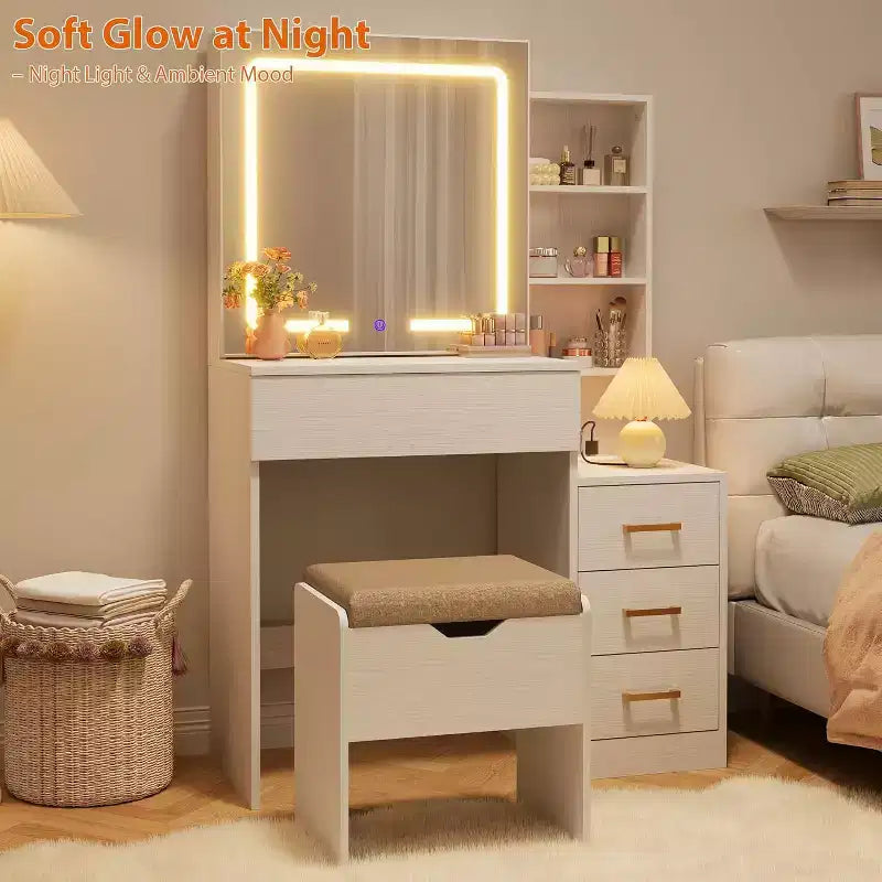 Moderna toeletta con specchio scorrevole e luci a LED, 4 cassetti, 7 ripiani, stazione di ricarica e sgabello, tavolo da trucco per camera da letto