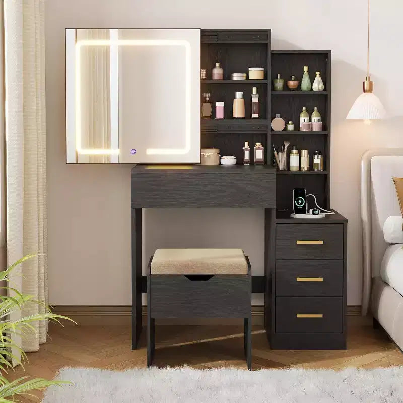 Moderna toeletta con specchio scorrevole e luci a LED, 4 cassetti, 7 ripiani, stazione di ricarica e sgabello, tavolo da trucco per camera da letto