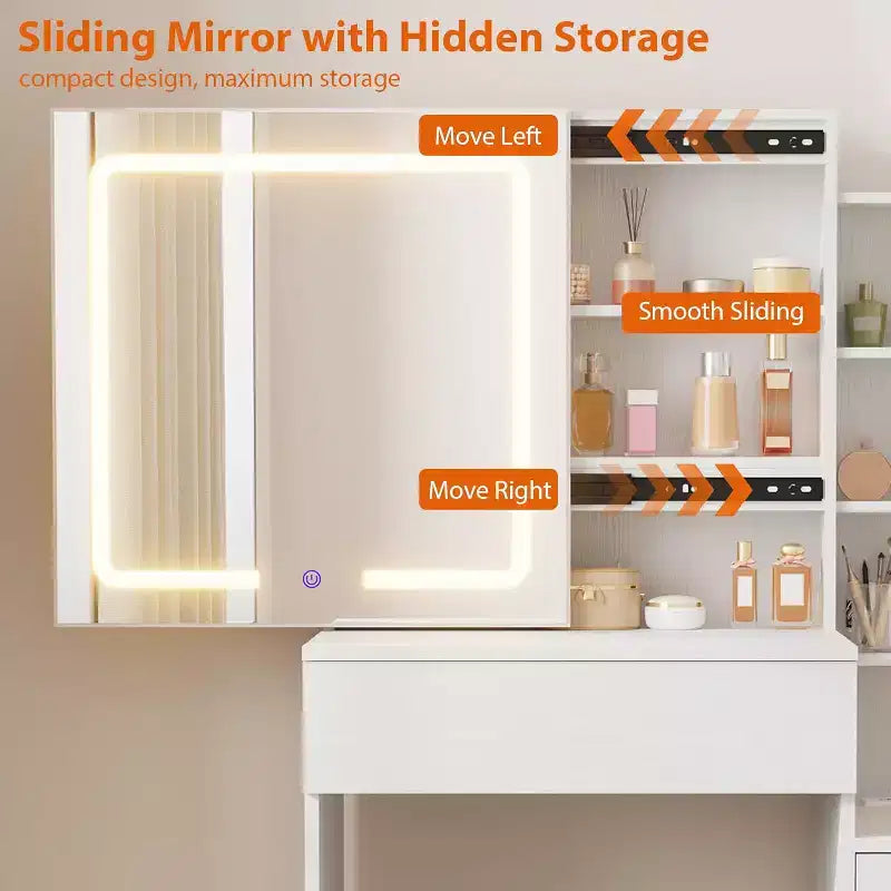 Moderna toeletta con specchio scorrevole e luci a LED, 4 cassetti, 7 ripiani, stazione di ricarica e sgabello, tavolo da trucco per camera da letto