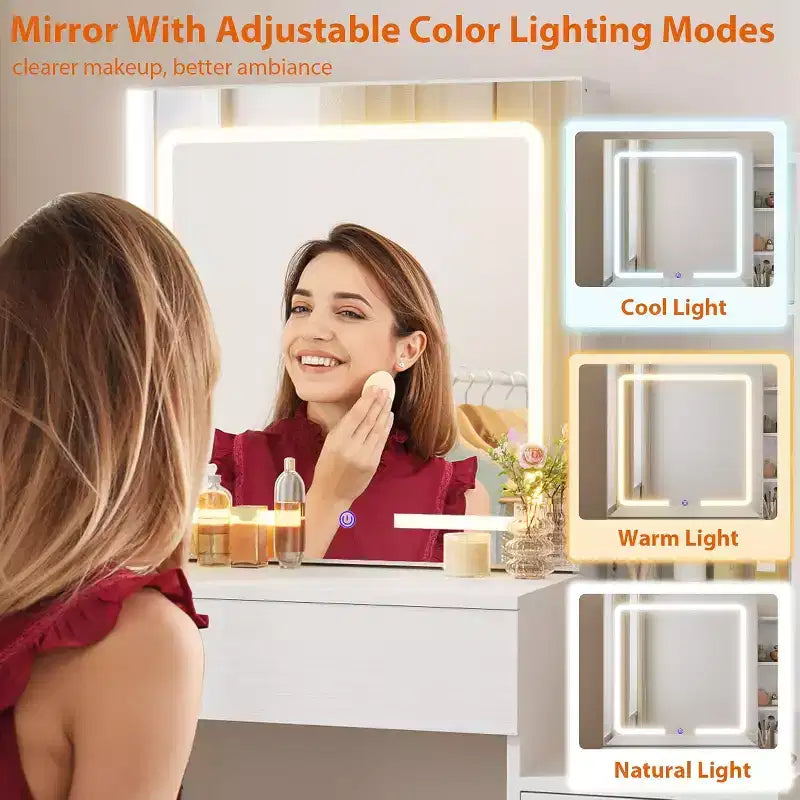 Moderna toeletta con specchio scorrevole e luci a LED, 4 cassetti, 7 ripiani, stazione di ricarica e sgabello, tavolo da trucco per camera da letto