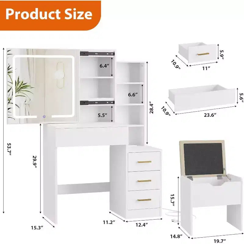 Moderna toeletta con specchio scorrevole e luci a LED, 4 cassetti, 7 ripiani, stazione di ricarica e sgabello, tavolo da trucco per camera da letto