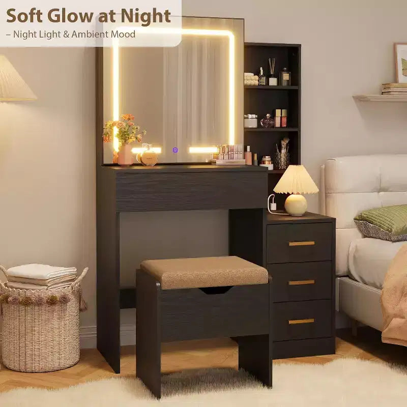 Moderna toeletta con specchio scorrevole e luci a LED, 4 cassetti, 7 ripiani, stazione di ricarica e sgabello, tavolo da trucco per camera da letto