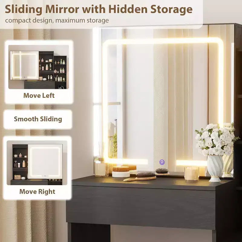 Moderna toeletta con specchio scorrevole e luci a LED, 4 cassetti, 7 ripiani, stazione di ricarica e sgabello, tavolo da trucco per camera da letto