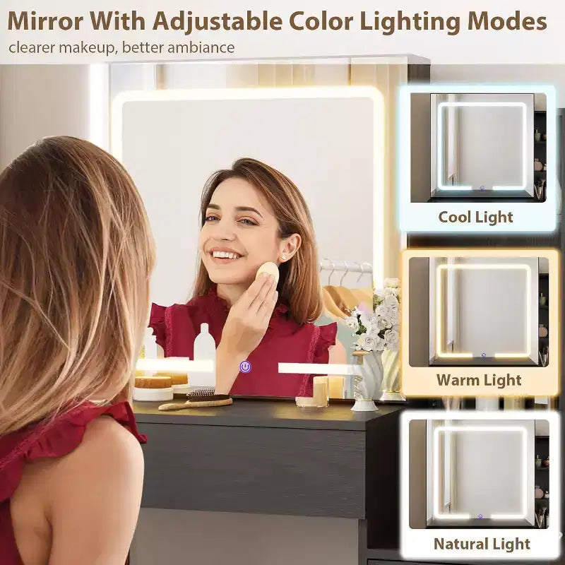 Moderna toeletta con specchio scorrevole e luci a LED, 4 cassetti, 7 ripiani, stazione di ricarica e sgabello, tavolo da trucco per camera da letto