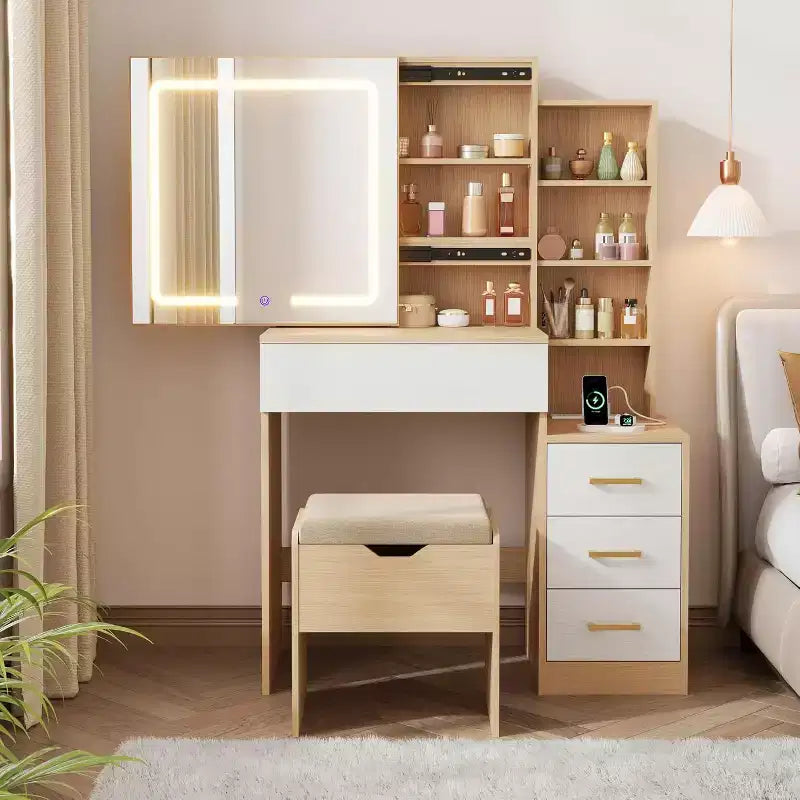 Moderna toeletta con specchio scorrevole e luci a LED, 4 cassetti, 7 ripiani, stazione di ricarica e sgabello, tavolo da trucco per camera da letto