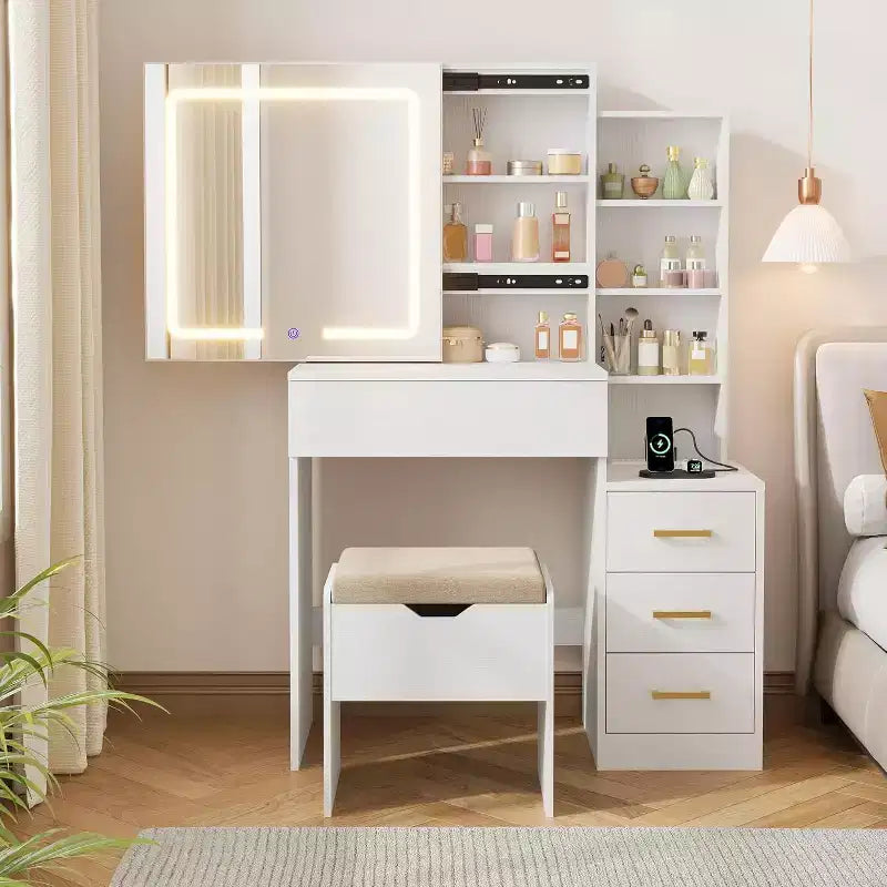 Moderna toeletta con specchio scorrevole e luci a LED, 4 cassetti, 7 ripiani, stazione di ricarica e sgabello, tavolo da trucco per camera da letto