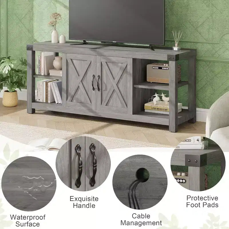 Mobile porta TV da 60" in stile rustico con ante e ripiani, mobile TV per televisori fino a 65"