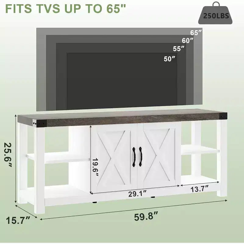 Mobile porta TV da 60" in stile rustico con ante e ripiani, mobile TV per televisori fino a 65"