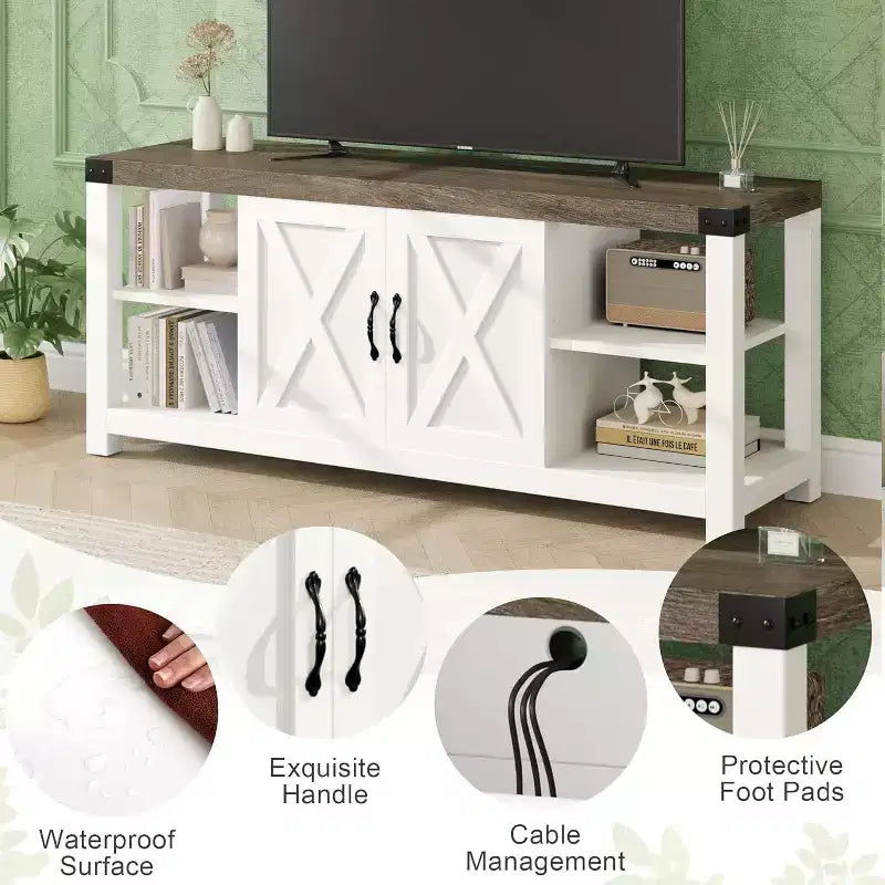 Mobile porta TV da 60" in stile rustico con ante e ripiani, mobile TV per televisori fino a 65"