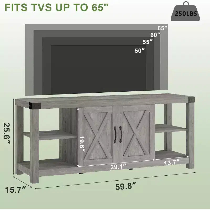 Mobile porta TV da 60" in stile rustico con ante e ripiani, mobile TV per televisori fino a 65"