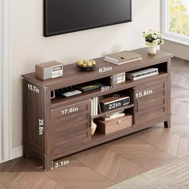 Mobile TV da 63'', Console TV moderna in stile rustico per soggiorno con ripiani regolabili, Centro di intrattenimento per casa/ufficio