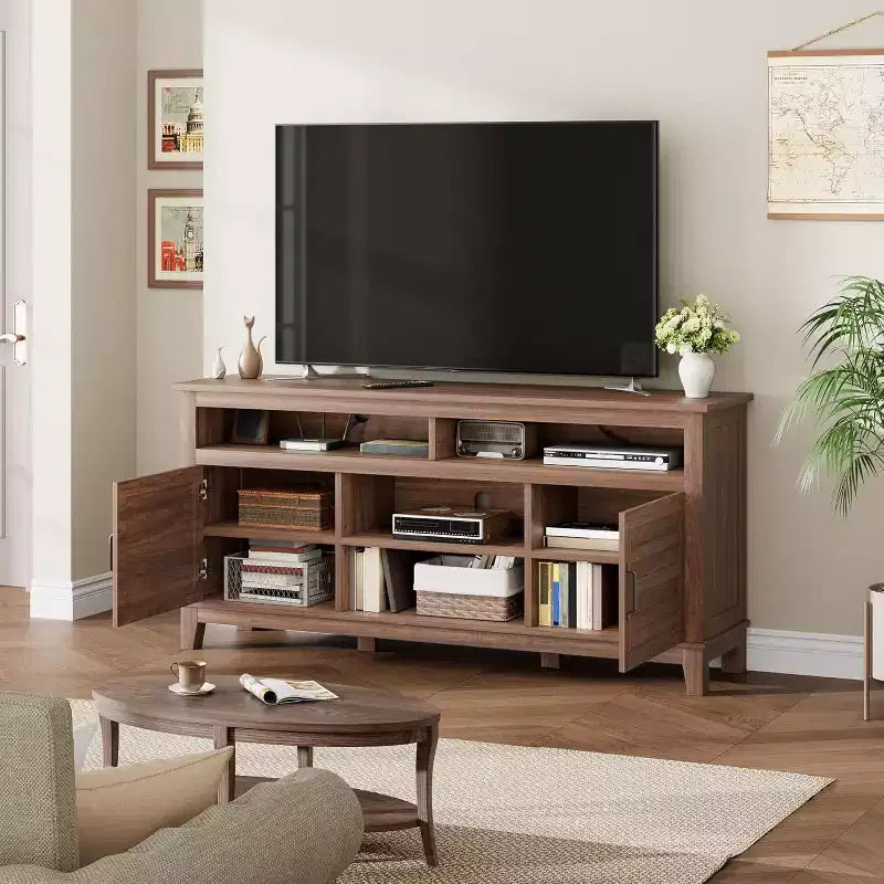Mobile TV da 63'', Console TV moderna in stile rustico per soggiorno con ripiani regolabili, Centro di intrattenimento per casa/ufficio