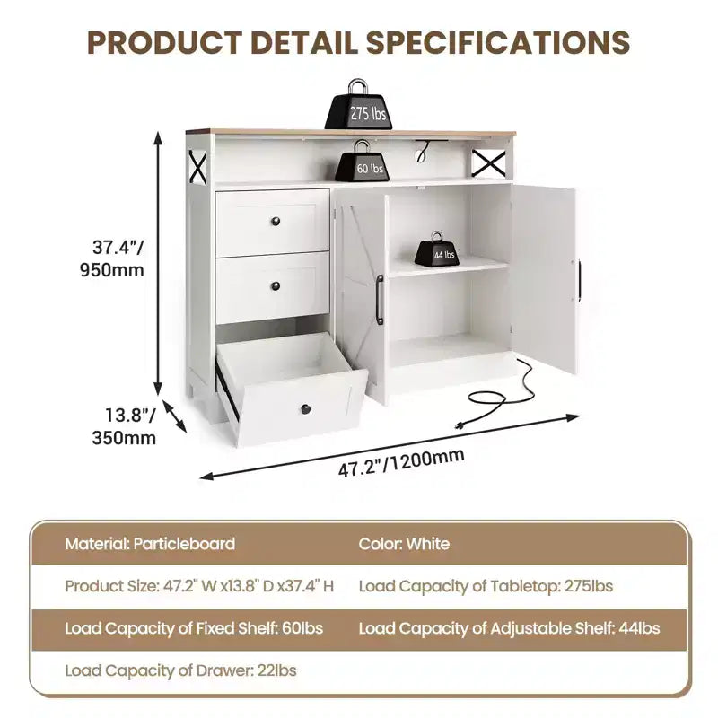 Mobile buffet da fattoria da 47" con presa di corrente integrata, 2 ante scorrevoli e 3 cassetti, bianco antico