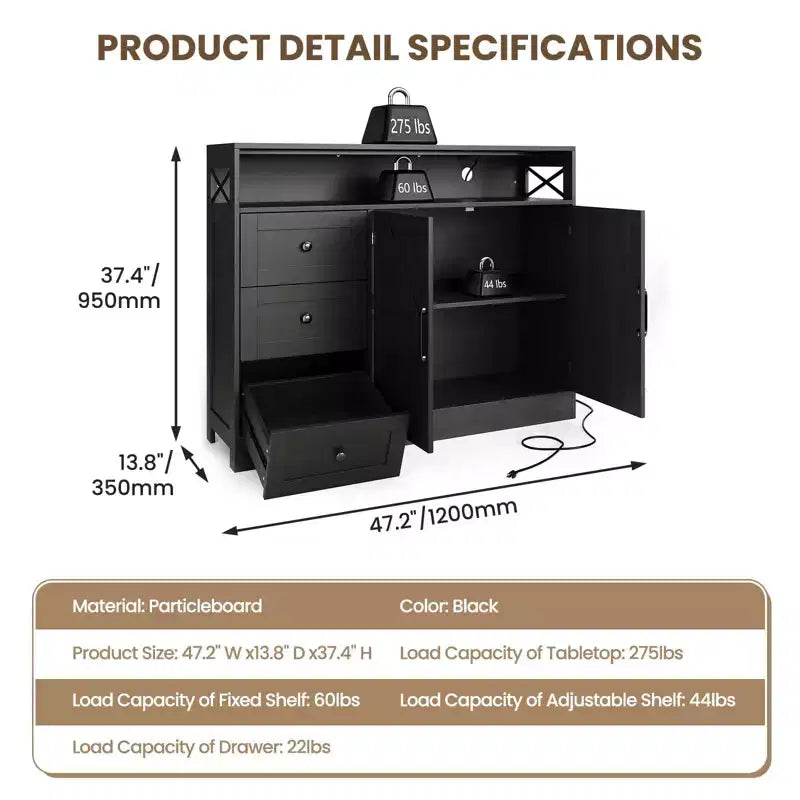 Mobile buffet da fattoria da 47" con presa di corrente integrata, 2 ante scorrevoli e 3 cassetti, bianco antico