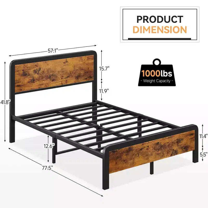 Base letto matrimoniale (Queen Size) in metallo con testiera in legno rustico e piattaforma