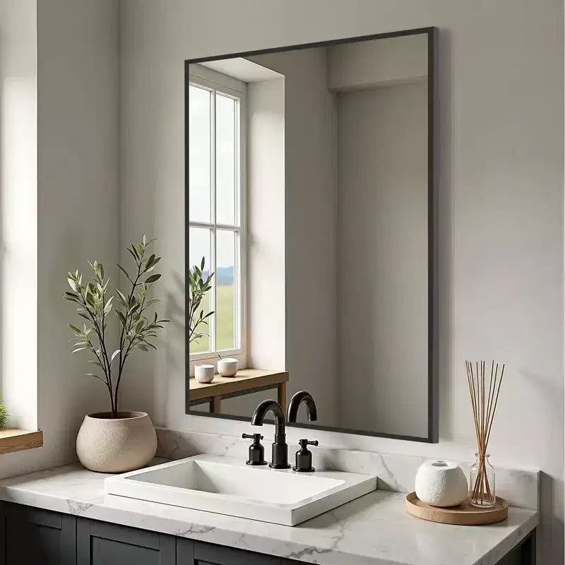 Specchio da Appendere, Bordo Sottile in Lega di Alluminio, Rettangolo ad Angolo Retto, Oro, 38x26x1in, Doppio Lato