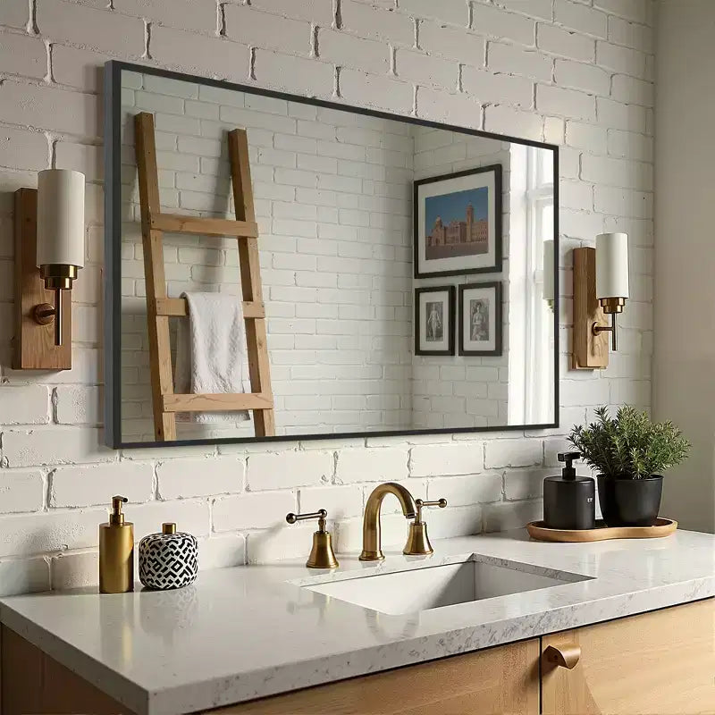 Specchio da Appendere, Bordo Sottile in Lega di Alluminio, Rettangolo ad Angolo Retto, Oro, 38x26x1in, Doppio Lato