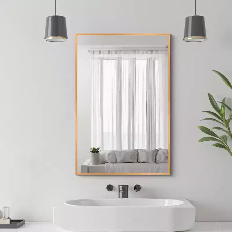Specchio da Appendere, Bordo Sottile in Lega di Alluminio, Rettangolo ad Angolo Retto, Oro, 38x26x1in, Doppio Lato