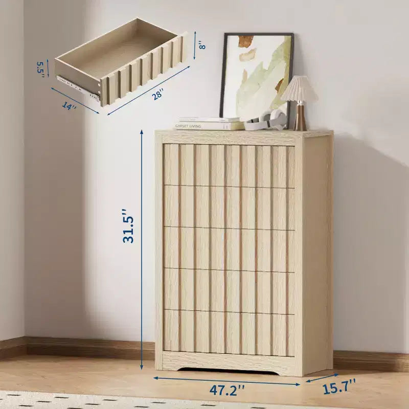 Cassettiera a 5 cassetti scanalati per camera da letto, Comò moderno, Frontali scanalati, Organizer in legno per camera da letto, Soggiorno
